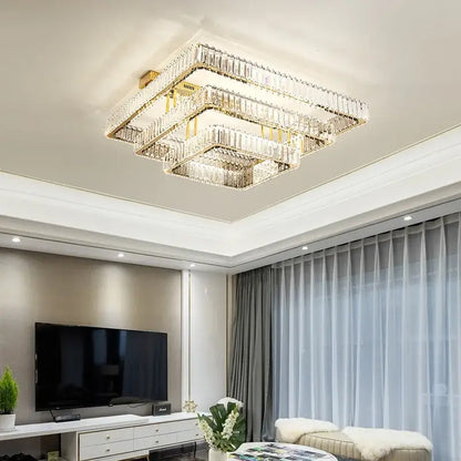 Modern gold rectangular crystal ceiling chandelier dimmable bedroom light