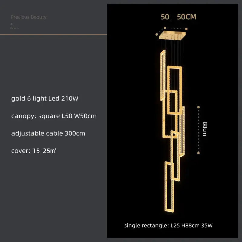 Modern gold rectangular crystal led pendant light for stairs