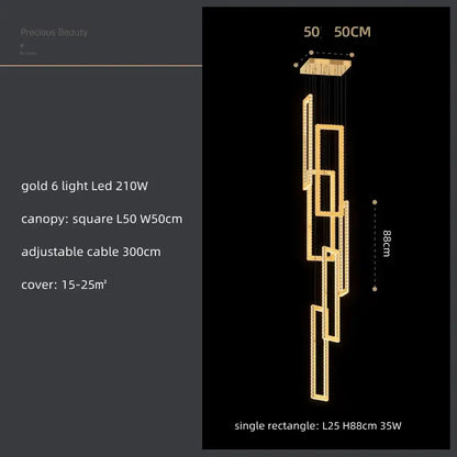 Modern gold rectangular crystal led pendant light for stairs