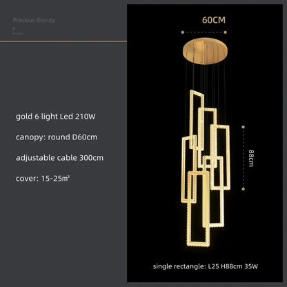 Modern gold rectangular crystal led pendant light for stairs