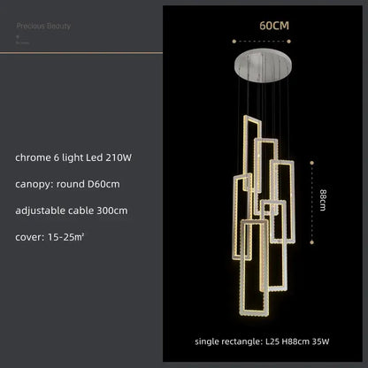 Modern gold rectangular crystal led pendant light for stairs