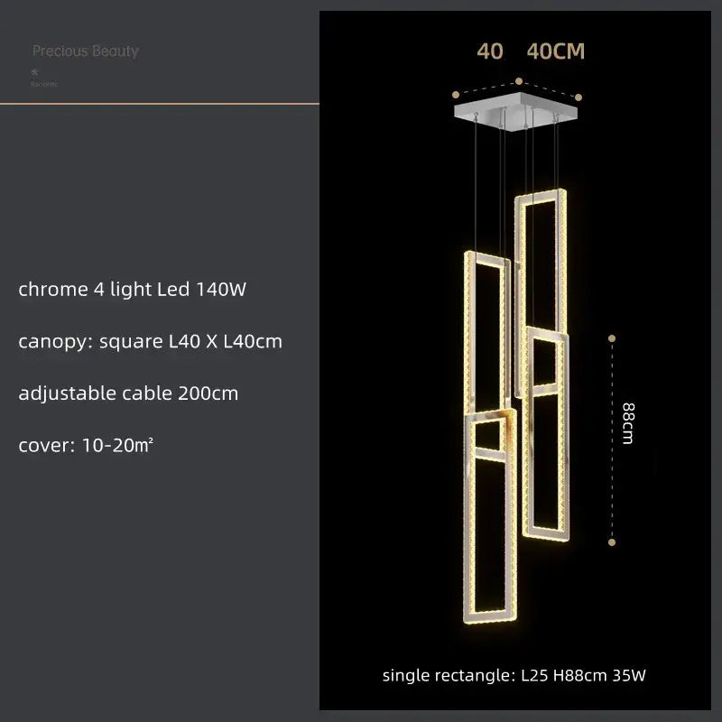 Modern gold rectangular crystal led pendant light for stairs