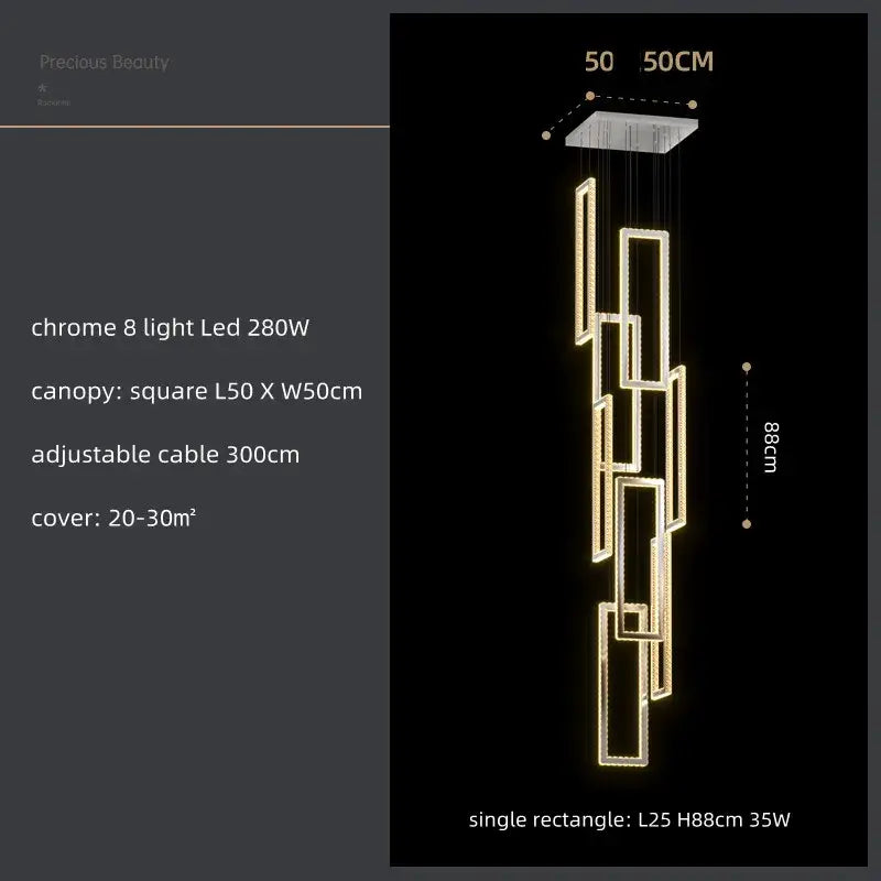 Modern gold rectangular crystal led pendant light for stairs