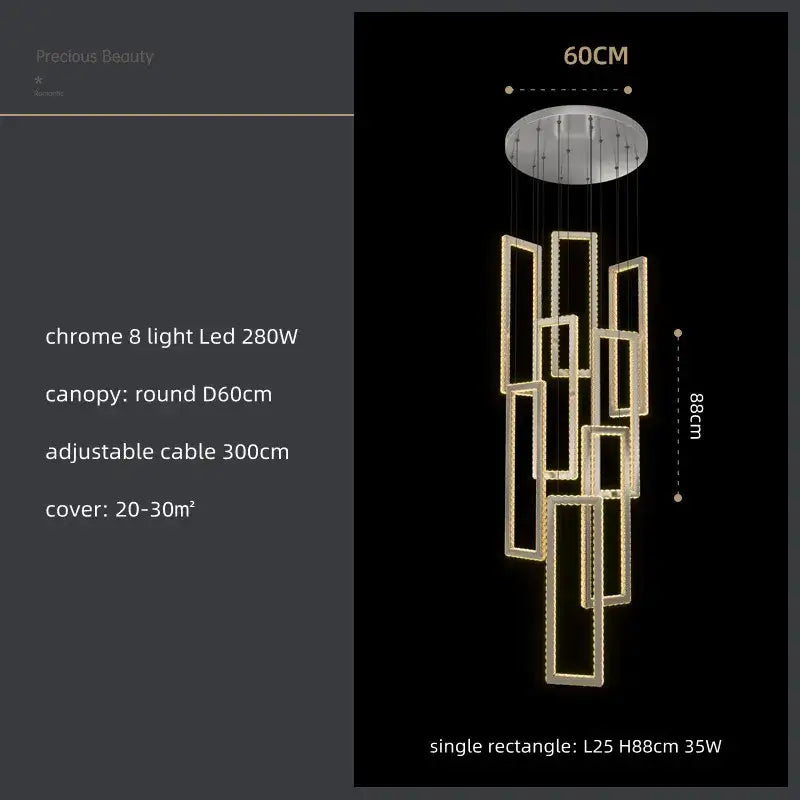 Modern gold rectangular crystal led pendant light for stairs