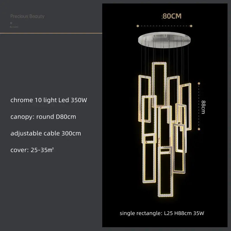 Modern gold rectangular crystal led pendant light for stairs