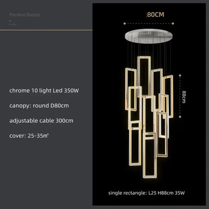 Modern gold rectangular crystal led pendant light for stairs