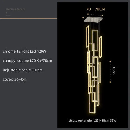 Modern gold rectangular crystal led pendant light for stairs