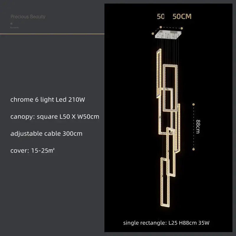 Modern gold rectangular crystal led pendant light for stairs