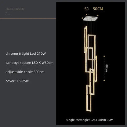 Modern gold rectangular crystal led pendant light for stairs