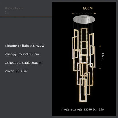 Modern gold rectangular crystal led pendant light for stairs