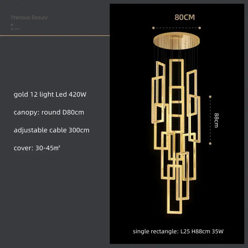 Modern gold rectangular crystal led pendant light for stairs