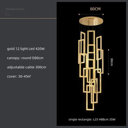 Modern gold rectangular crystal led pendant light for stairs