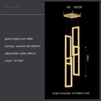Modern gold rectangular crystal led pendant light for stairs