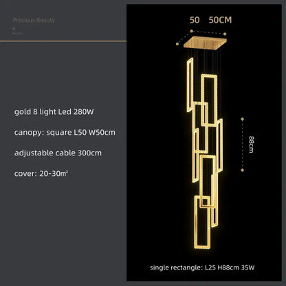 Modern gold rectangular crystal led pendant light for stairs