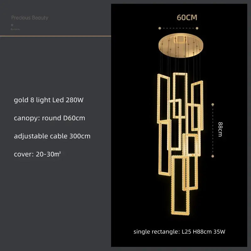 Modern gold rectangular crystal led pendant light for stairs