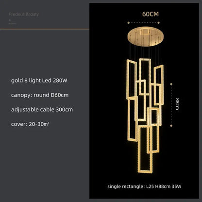 Modern gold rectangular crystal led pendant light for stairs