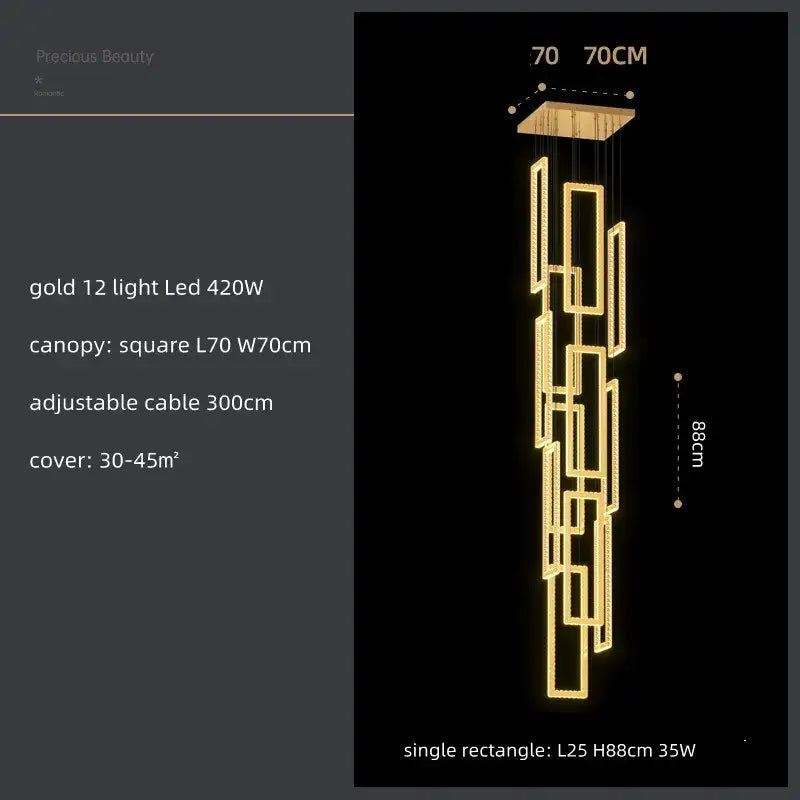 Modern gold rectangular crystal led pendant light for stairs