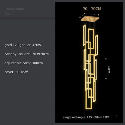Modern gold rectangular crystal led pendant light for stairs