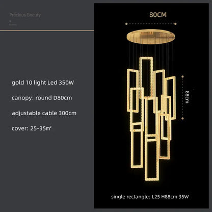 Modern gold rectangular crystal led pendant light for stairs