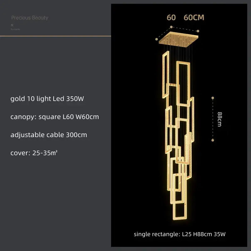 Modern gold rectangular crystal led pendant light for stairs