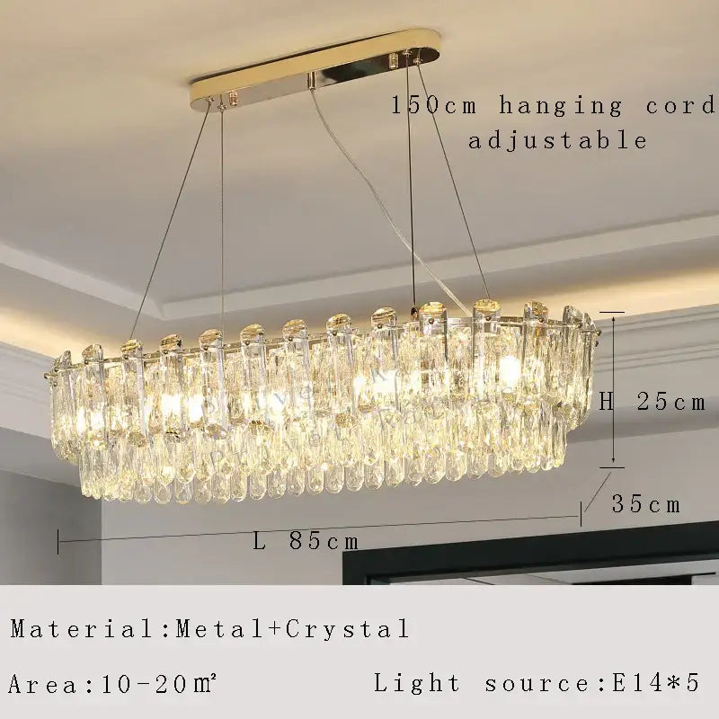 Modern gold rectangular crystal pendant chandelier dining room light