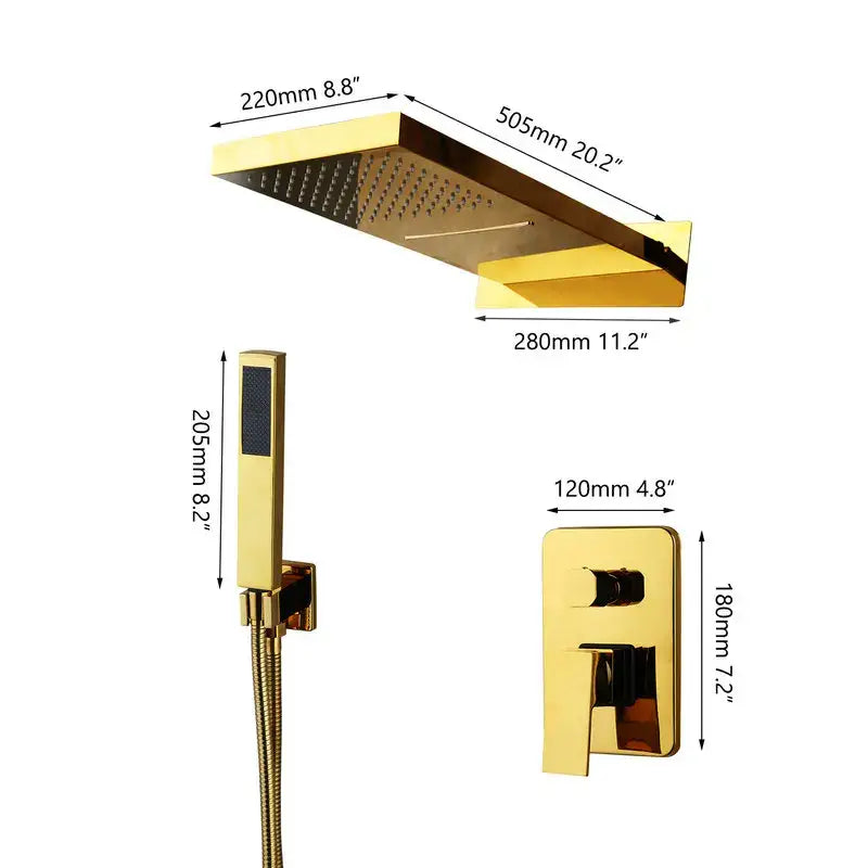 Modern gold rectangular shower mixer set bathroom wall mounted valve