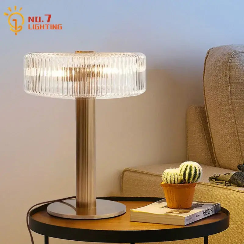 Modern gold ribbed glass table lamp bedroom light fixtures