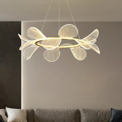 Modern gold ring led pendant light for dining room leaf cluster design