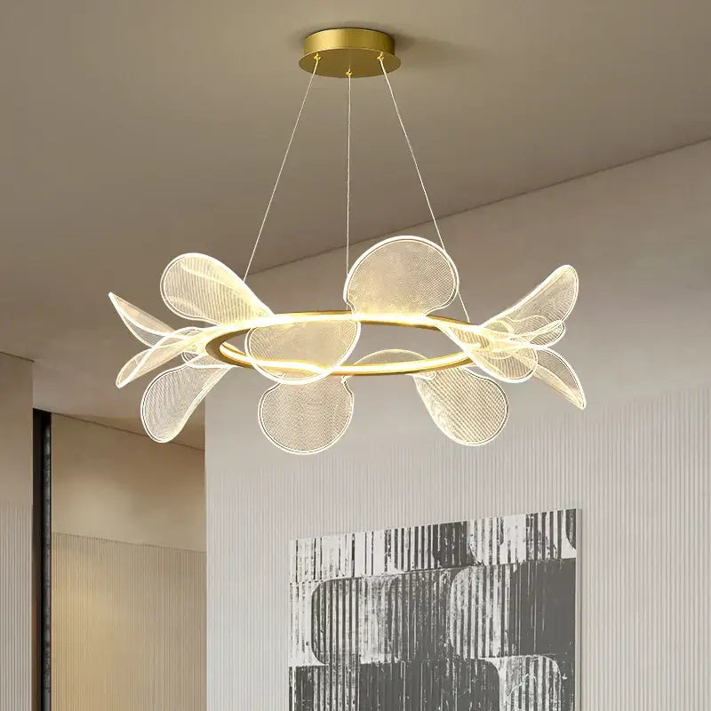 Modern gold ring led pendant light for dining room leaf cluster design
