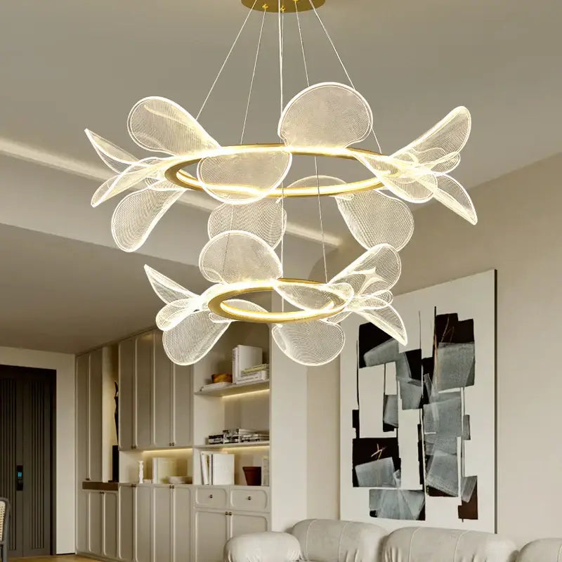 Modern gold ring led pendant light for dining room leaf cluster design