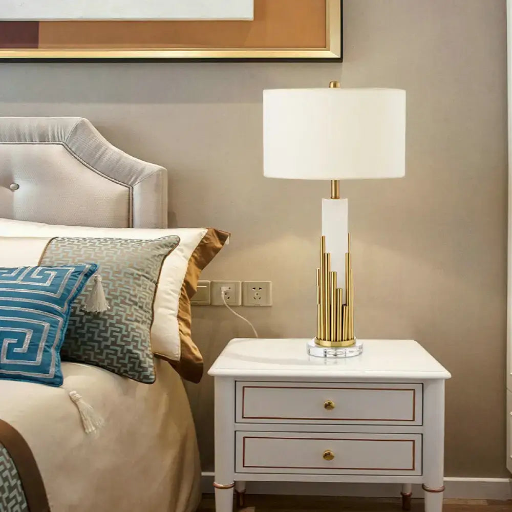 Modern gold rod fabric drum table lamp bedroom nightstand light