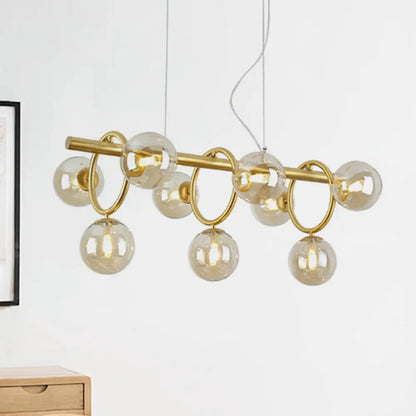 DecorBites™ Modern Gold Round Pendant Lighting - 9 Bulb Cognac Glass LED Island Lamp with Linear Design