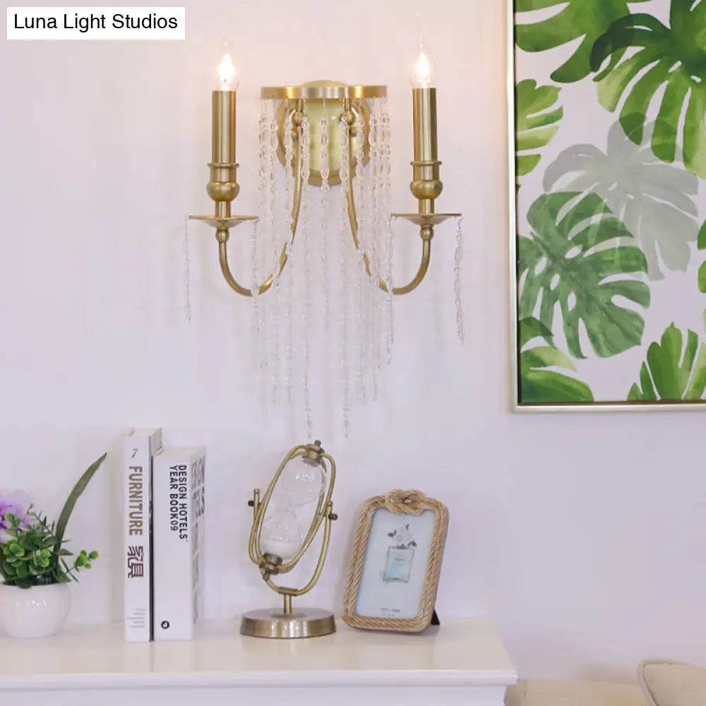 DecorBites™ Modern Gold Sconce Light: 1/2 Lights Corridor Wall Lamp with Elegant Metal Candle Design and Crystal Strand Decoration