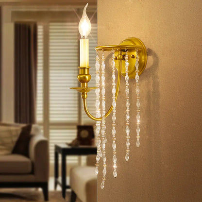 DecorBites™ Modern Gold Sconce Light: 1/2 Lights Corridor Wall Lamp with Elegant Metal Candle Design and Crystal Strand Decoration
