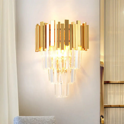 DecorBites™ Modern Gold Sconce Light - 4 Layer Wall Fixture with Tri-Sided Crystal Rods and 2 Heads