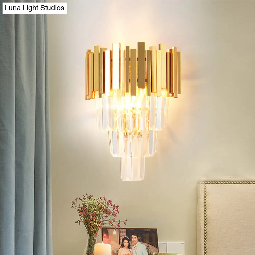 DecorBites™ Modern Gold Sconce Light - 4 Layer Wall Fixture with Tri-Sided Crystal Rods and 2 Heads