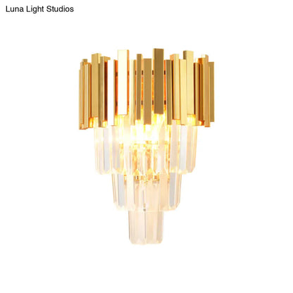 DecorBites™ Modern Gold Sconce Light - 4 Layer Wall Fixture with Tri-Sided Crystal Rods and 2 Heads
