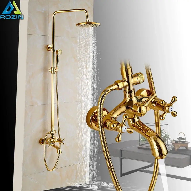Modern gold shower mixer taps with rainfall head and handheld – bathroom