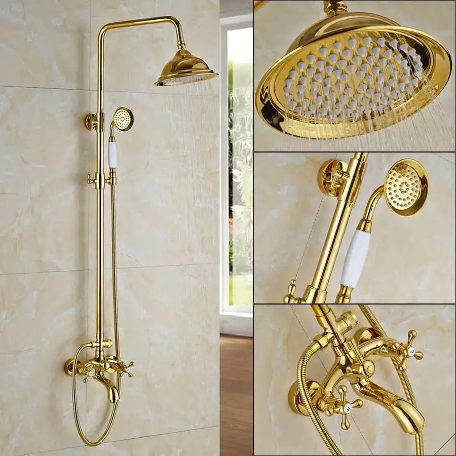 Modern gold shower mixer taps with rainfall head and handheld – bathroom