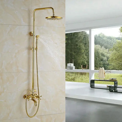 Modern gold shower mixer taps with rainfall head and handheld – bathroom
