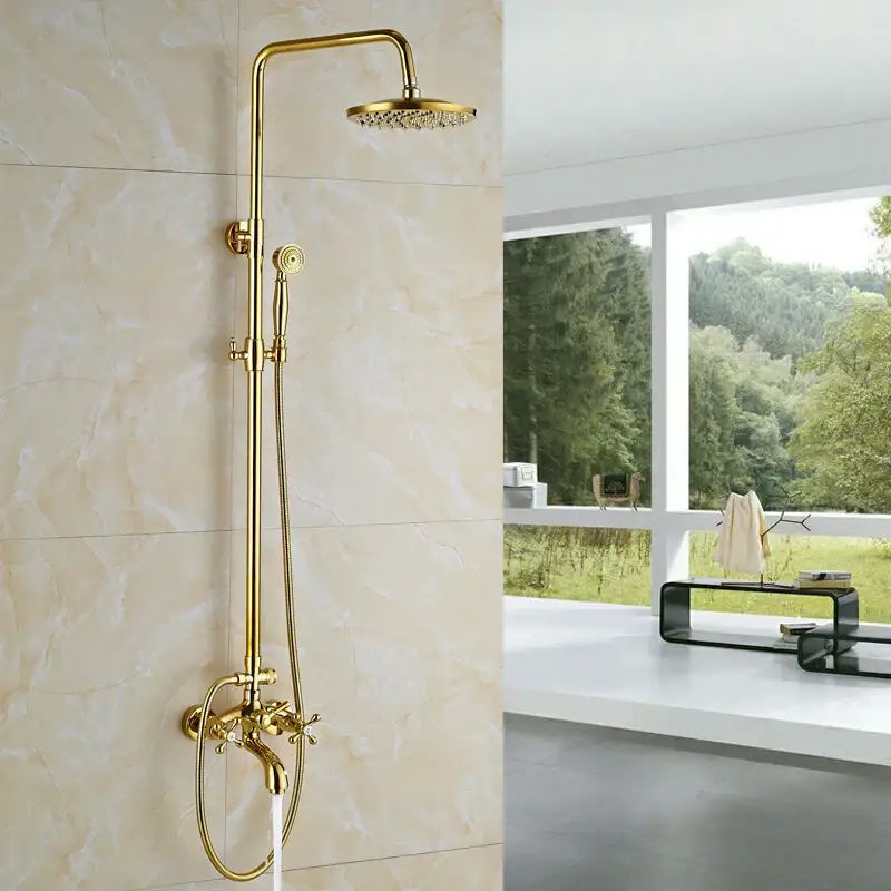 Modern gold shower mixer taps with rainfall head and handheld – bathroom