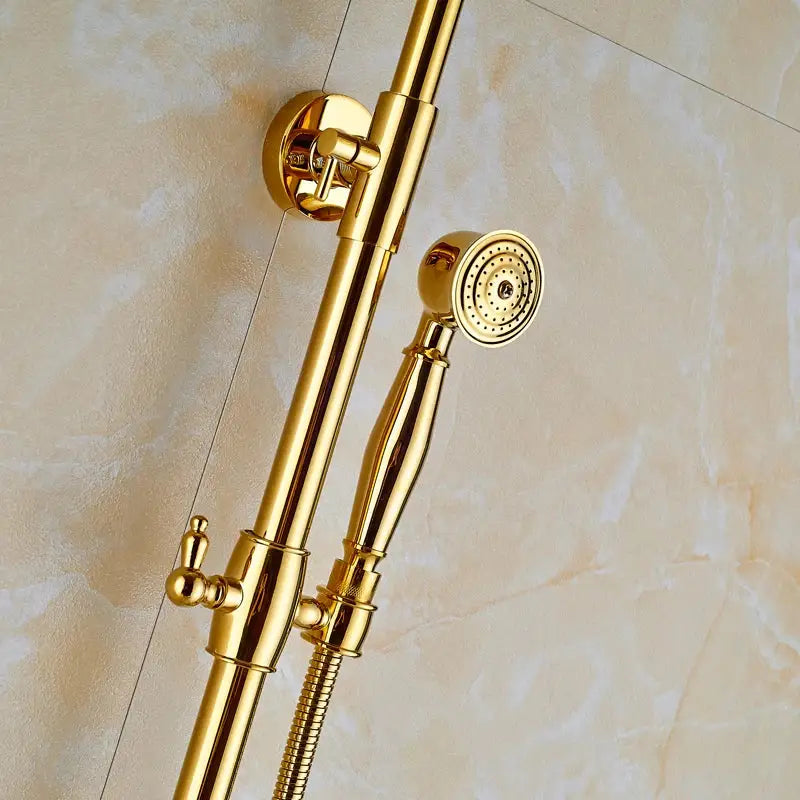 Modern gold shower mixer taps with rainfall head and handheld – bathroom
