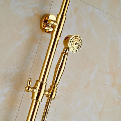 Modern gold shower mixer taps with rainfall head and handheld – bathroom