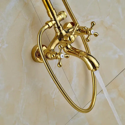 Modern gold shower mixer taps with rainfall head and handheld – bathroom