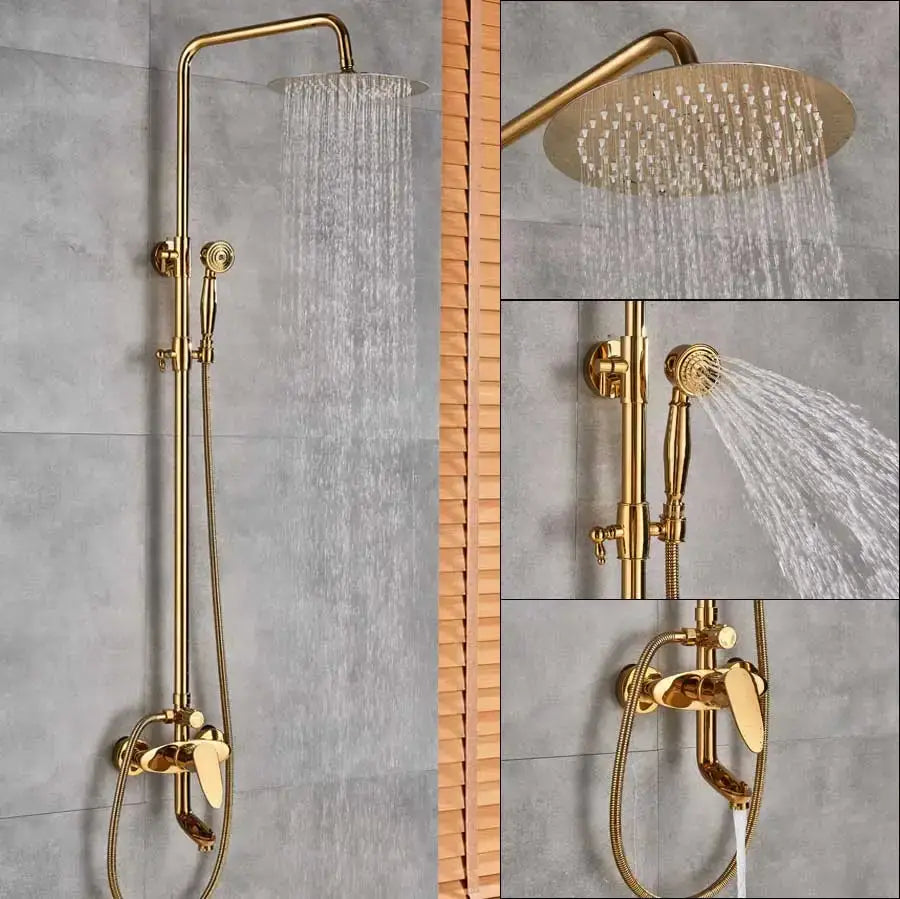 Modern gold shower mixer taps with rainfall head and handheld – bathroom