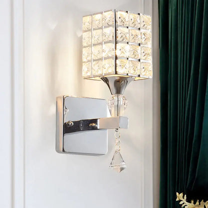 Modern gold & silver clear crystal wall light fixture bedroom