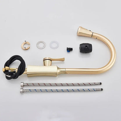 Modern gold single handle kitchen faucet with pull down sprayer