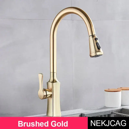 Modern gold single handle kitchen faucet with pull down sprayer