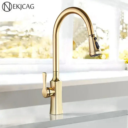 Modern gold single handle kitchen faucet with pull down sprayer