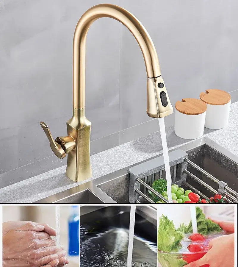 Modern gold single handle kitchen faucet with pull down sprayer